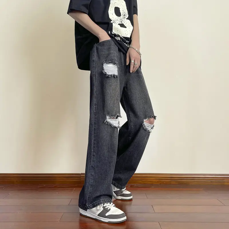 Men's Wide Leg Ripped Denim Jeans Summer Casual Pants - Image 3