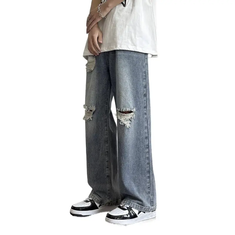 Men's Wide Leg Ripped Denim Jeans Summer Casual Pants - Image 5