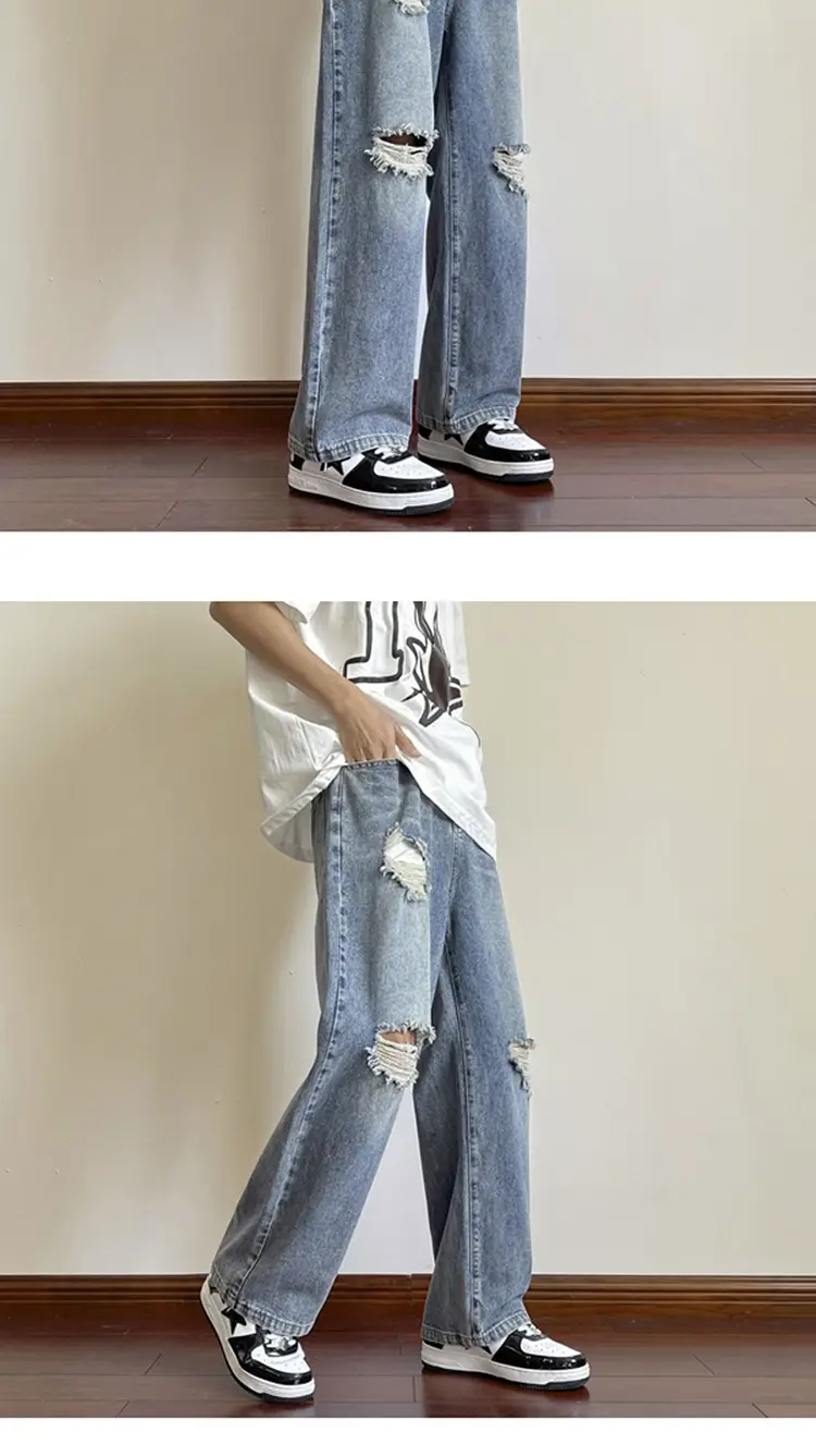 Men's Wide Leg Ripped Denim Jeans Summer Casual Pants — feature 10