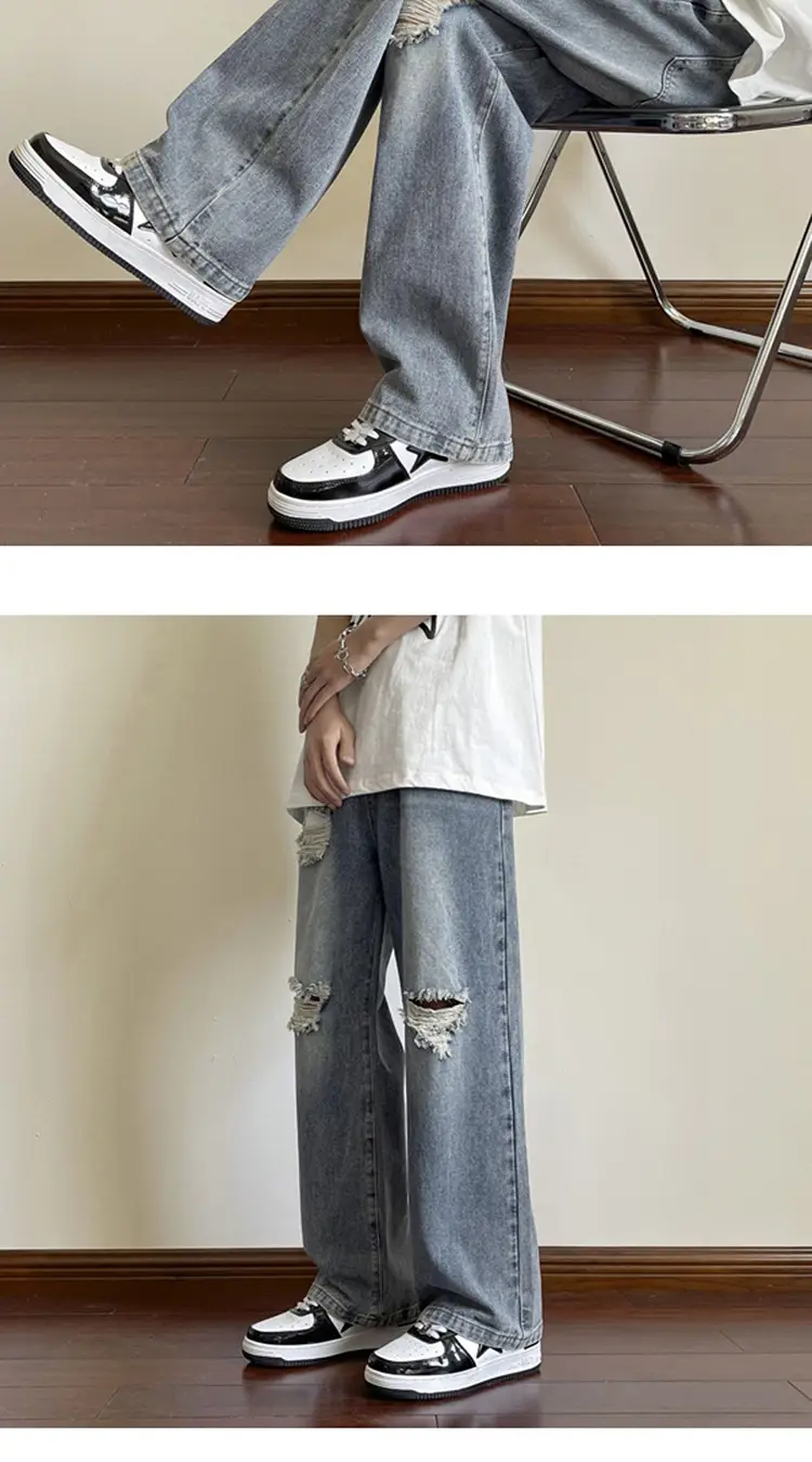 Men's Wide Leg Ripped Denim Jeans Summer Casual Pants — feature 12