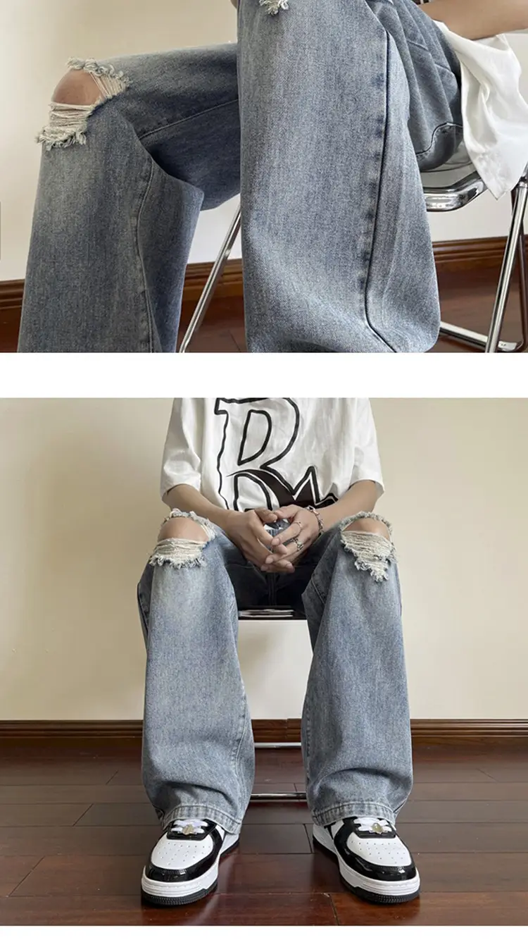 Men's Wide Leg Ripped Denim Jeans Summer Casual Pants — feature 14