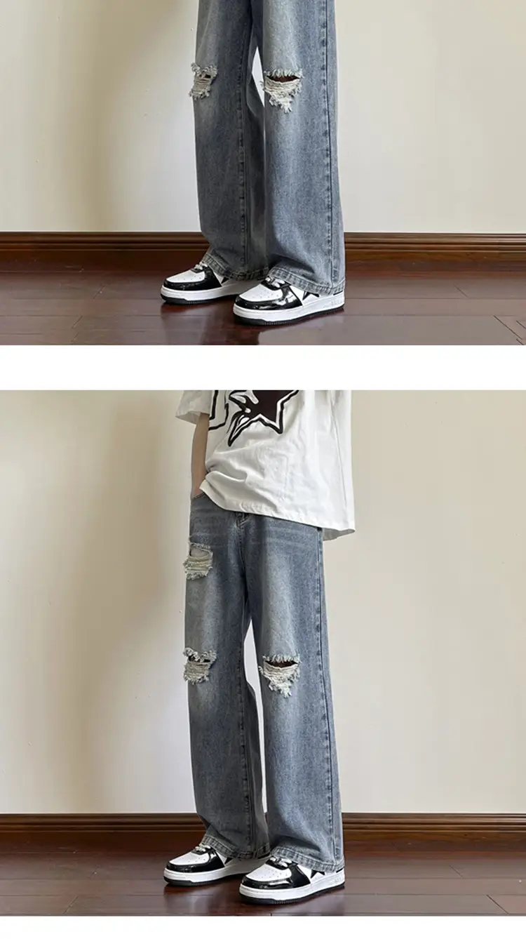 Men's Wide Leg Ripped Denim Jeans Summer Casual Pants — feature 16