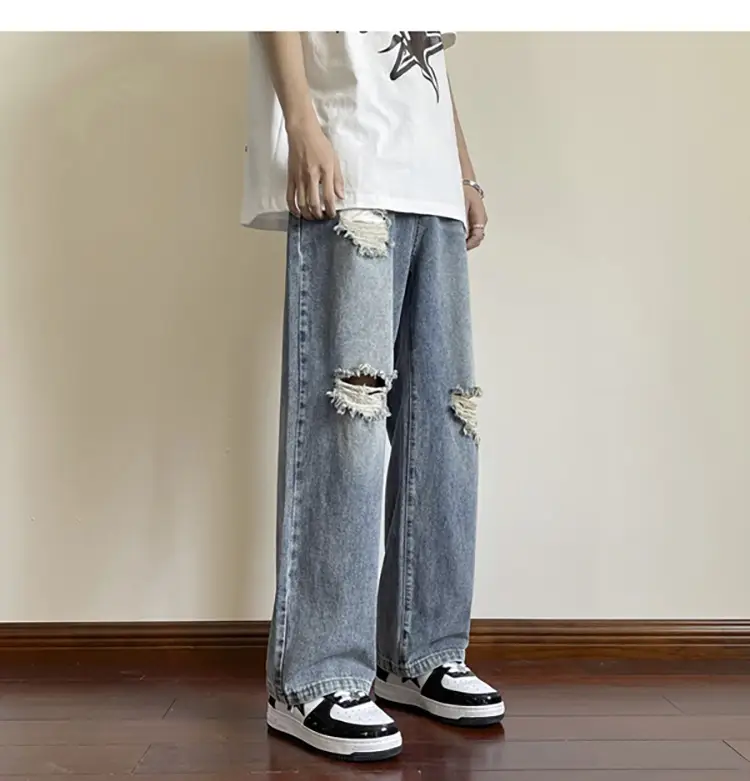 Men's Wide Leg Ripped Denim Jeans Summer Casual Pants — feature 17