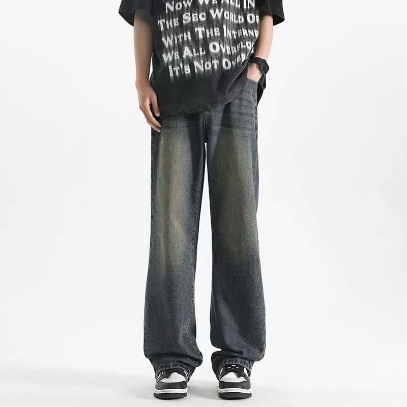 Men's Grey Denim Pants Loose Straight Fit