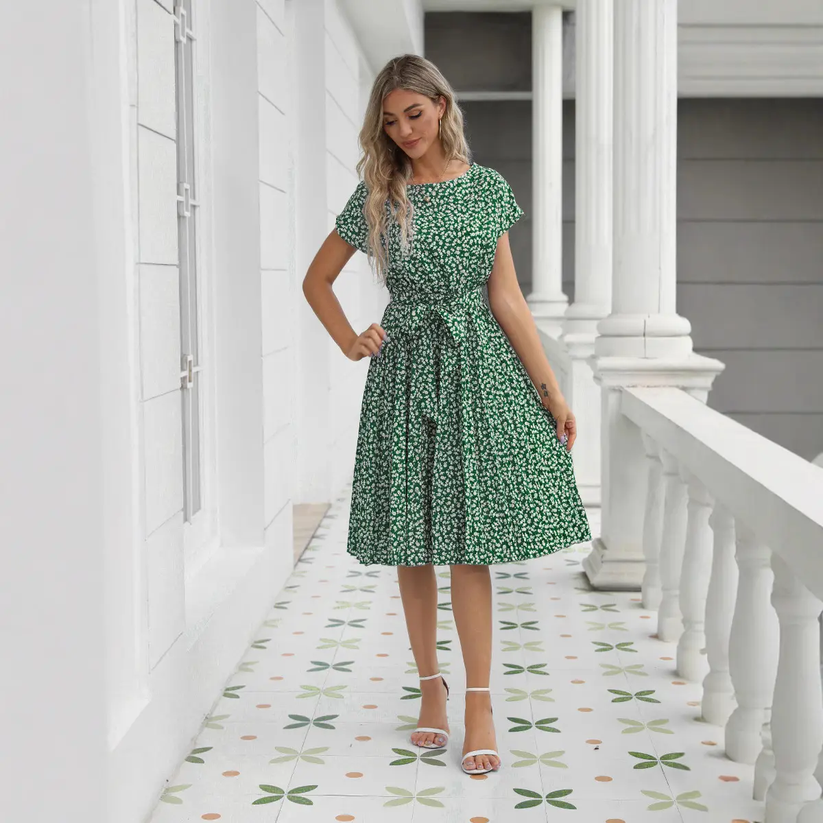 Green Floral Pleated Skirt for Women Spring Summer Wear - Image 12
