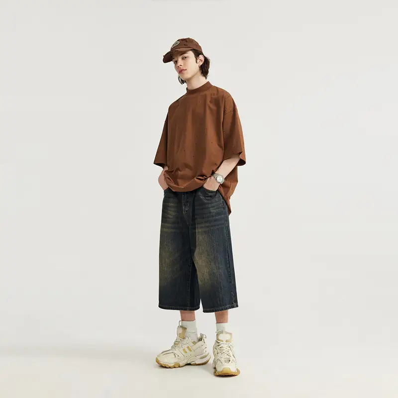Men Vintage Washed Wide Leg Cropped Shorts 7 Point - Image 4