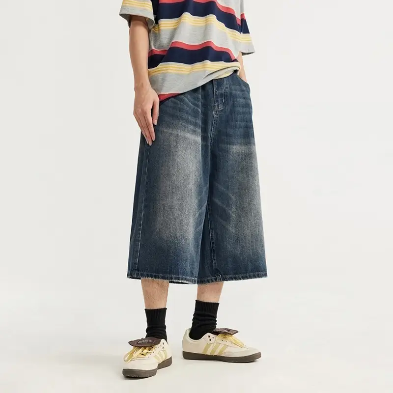 Men Vintage Washed Wide Leg Cropped Shorts 7 Point - Image 5