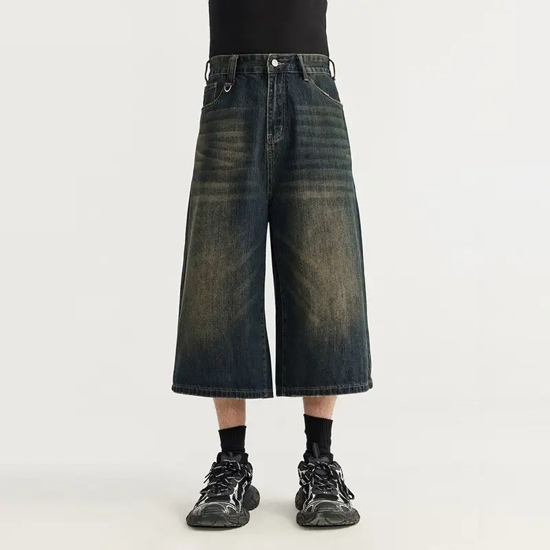 Men Vintage Washed Wide Leg Cropped Shorts 7 Point - Image 6