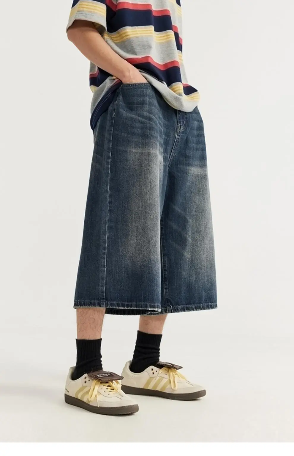 Men Vintage Washed Wide Leg Cropped Shorts 7 Point — feature 10