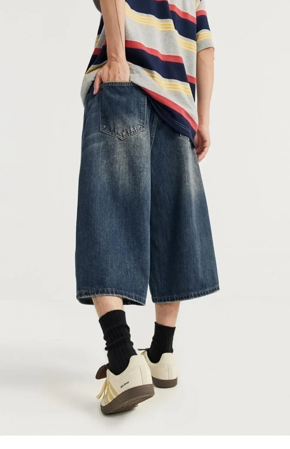 Men Vintage Washed Wide Leg Cropped Shorts 7 Point — feature 11