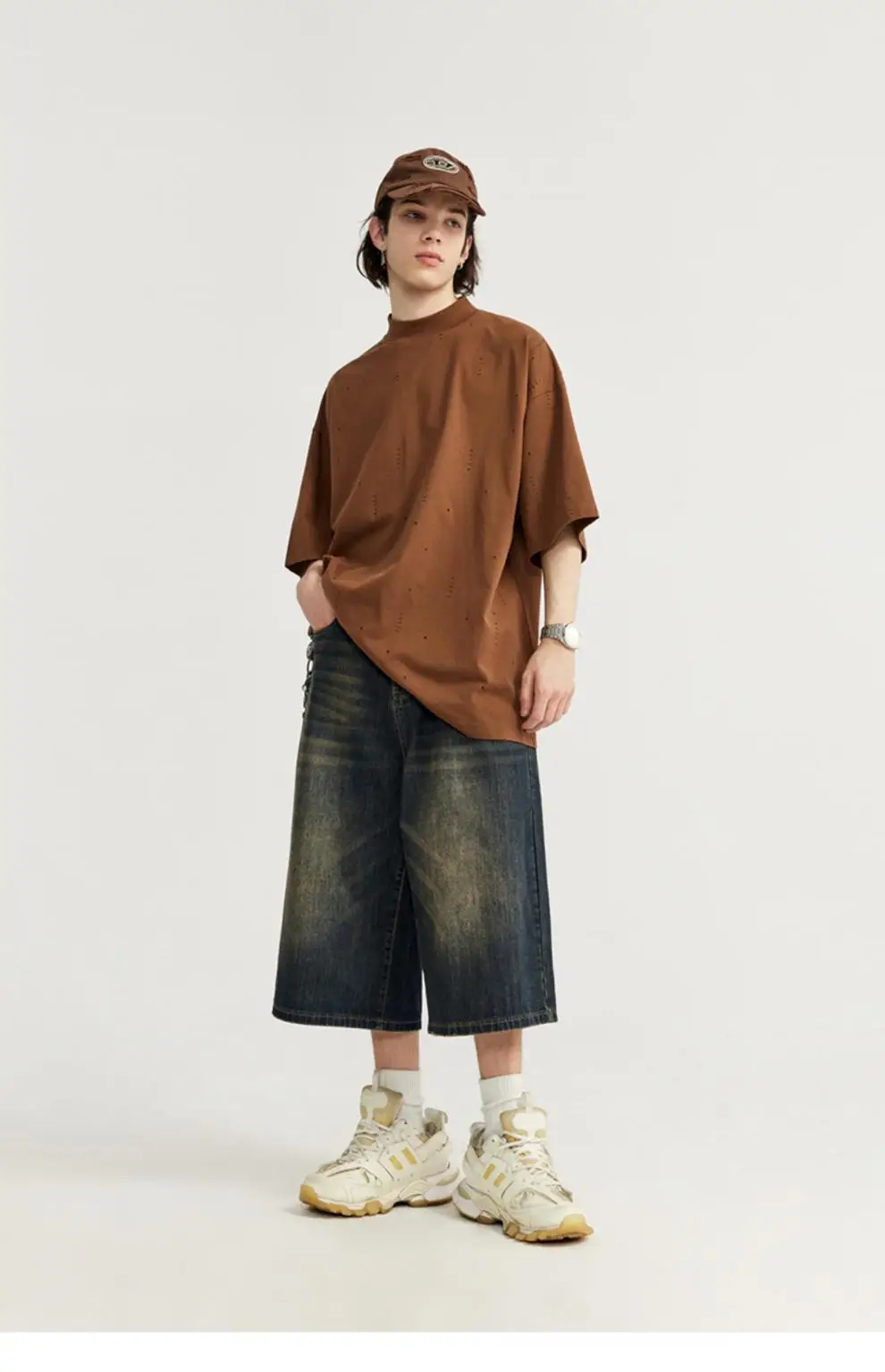 Men Vintage Washed Wide Leg Cropped Shorts 7 Point — feature 3