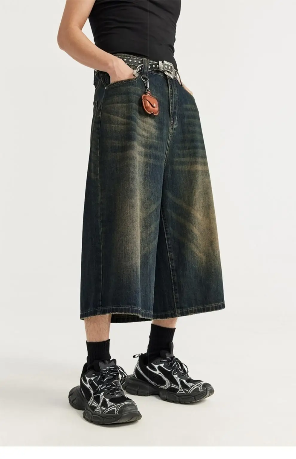 Men Vintage Washed Wide Leg Cropped Shorts 7 Point — feature 4