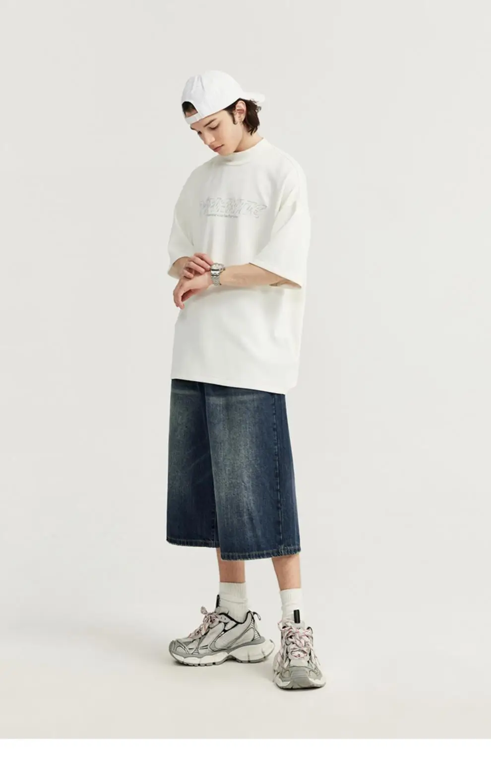 Men Vintage Washed Wide Leg Cropped Shorts 7 Point — feature 8