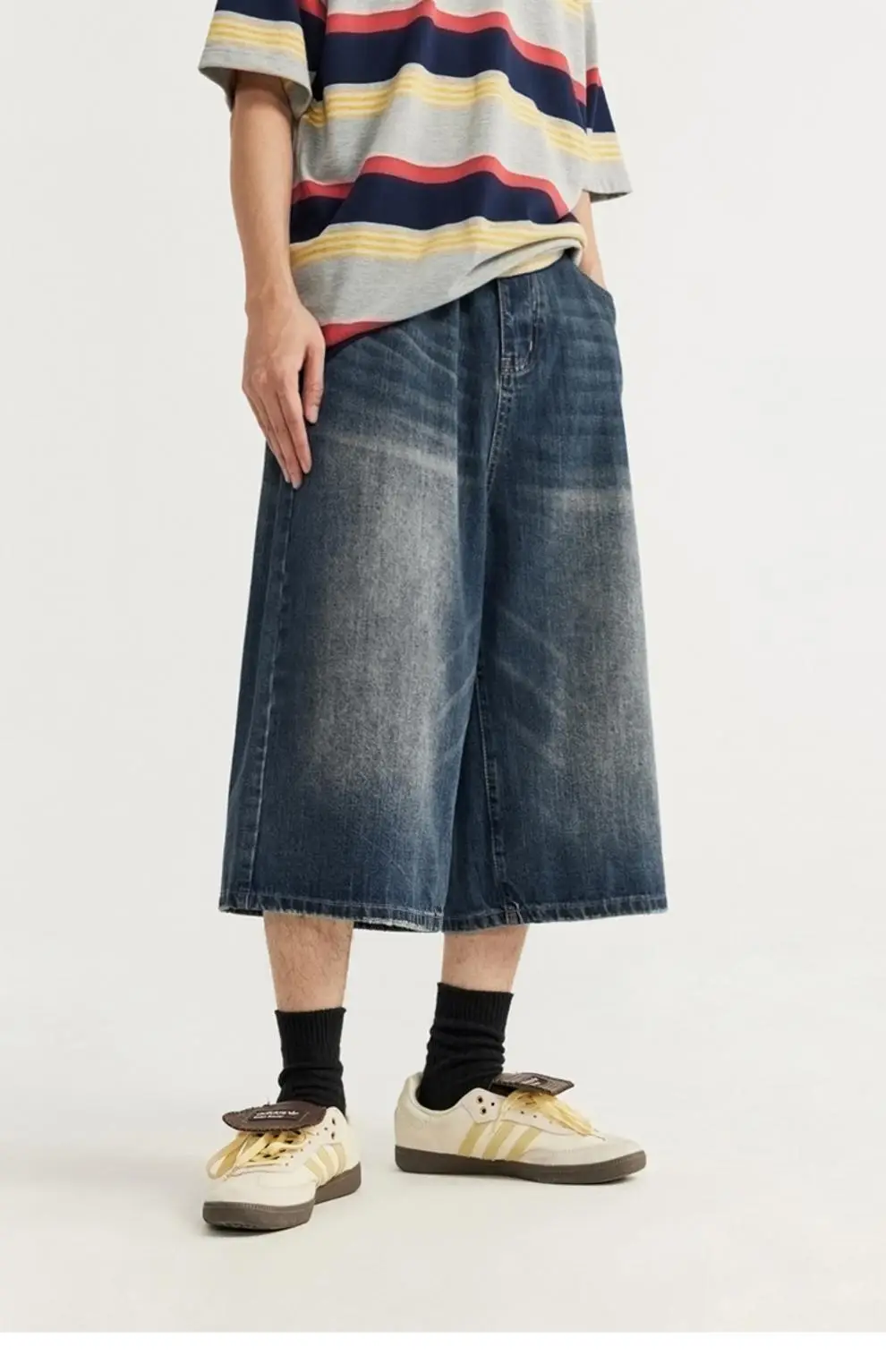 Men Vintage Washed Wide Leg Cropped Shorts 7 Point — feature 9