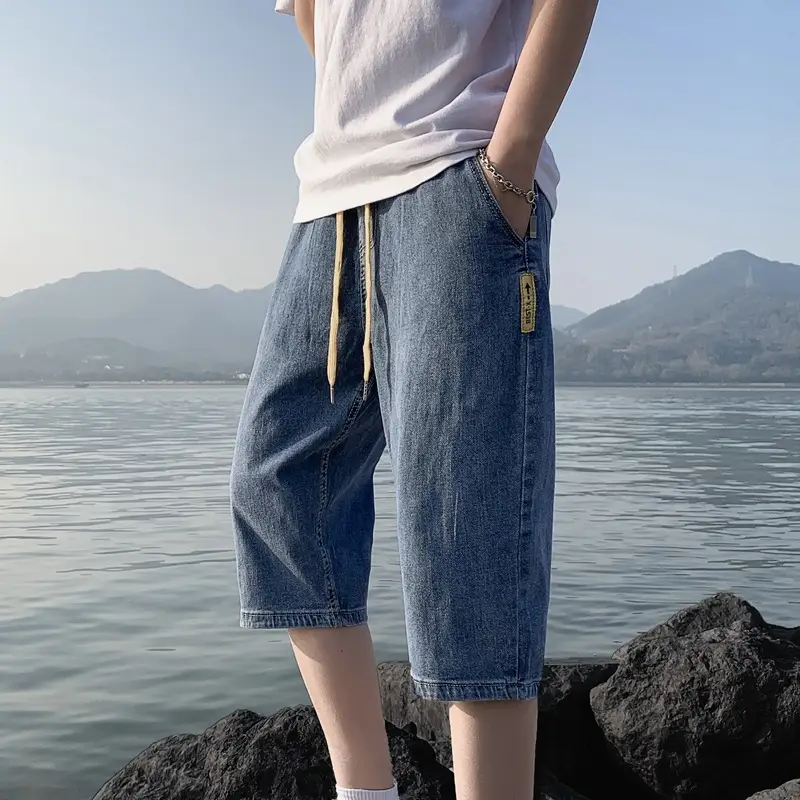 Men Denim Capri Shorts Korean Style Loose Straight Drawstring - Image 4