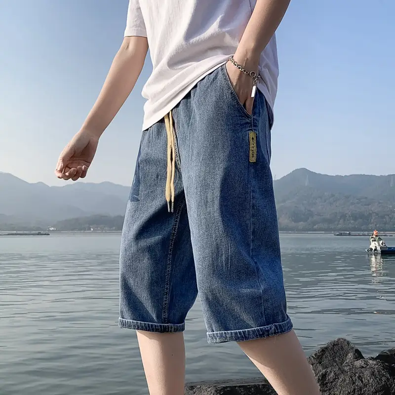 Men Denim Capri Shorts Korean Style Loose Straight Drawstring - Image 5