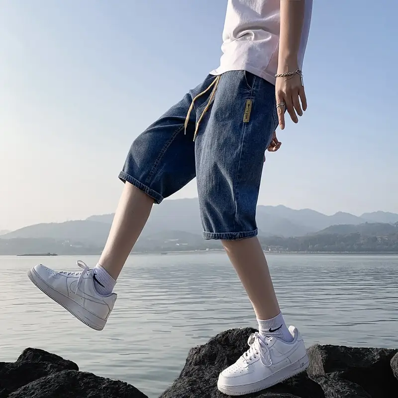 Men Denim Capri Shorts Korean Style Loose Straight Drawstring - Image 6