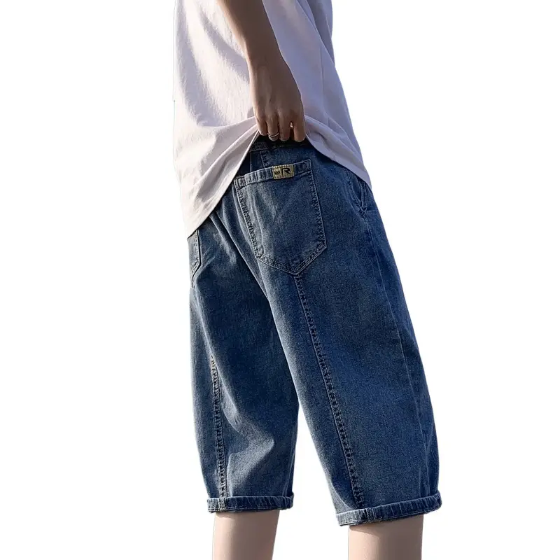 Men Denim Capri Shorts Korean Style Loose Straight Drawstring - Image 7
