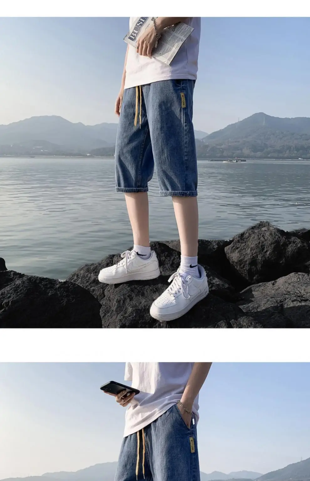 Men Denim Capri Shorts Korean Style Loose Straight Drawstring — feature 11