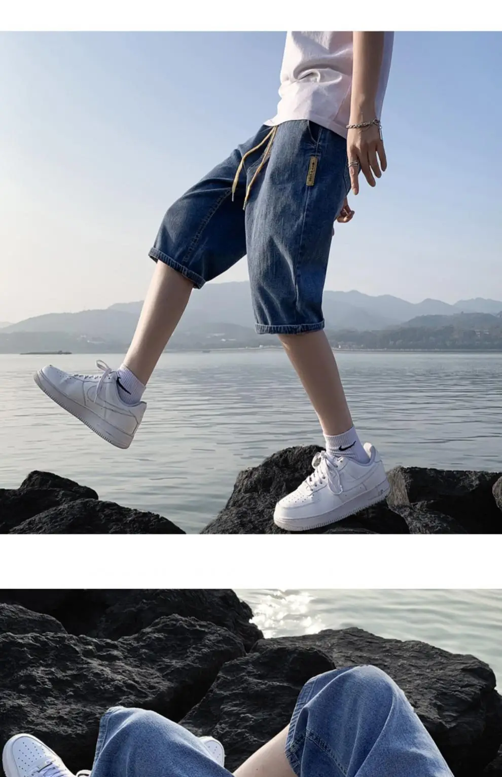 Men Denim Capri Shorts Korean Style Loose Straight Drawstring — feature 13