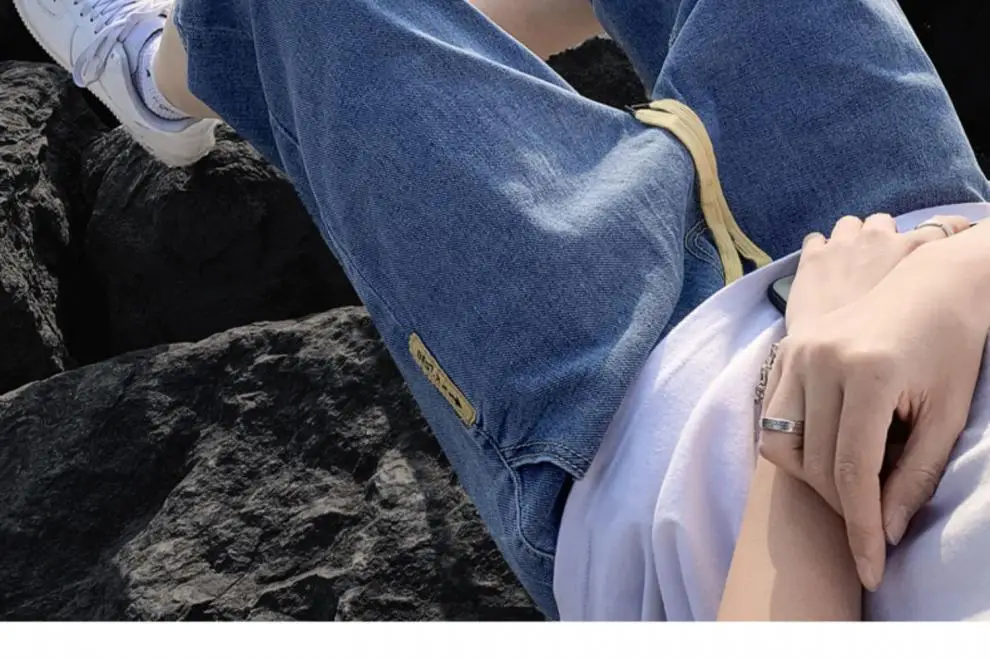 Men Denim Capri Shorts Korean Style Loose Straight Drawstring — feature 14