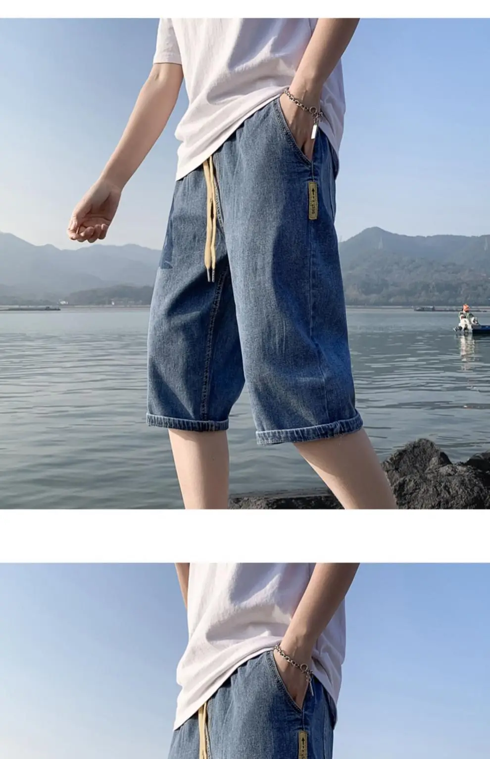 Men Denim Capri Shorts Korean Style Loose Straight Drawstring — feature 5