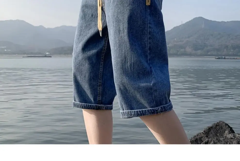 Men Denim Capri Shorts Korean Style Loose Straight Drawstring — feature 6