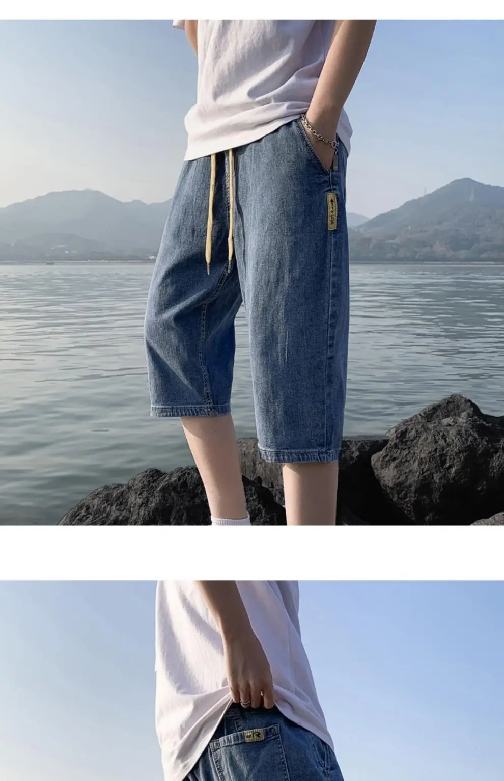 Men Denim Capri Shorts Korean Style Loose Straight Drawstring — feature 7