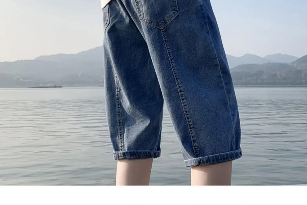 Men Denim Capri Shorts Korean Style Loose Straight Drawstring — feature 8