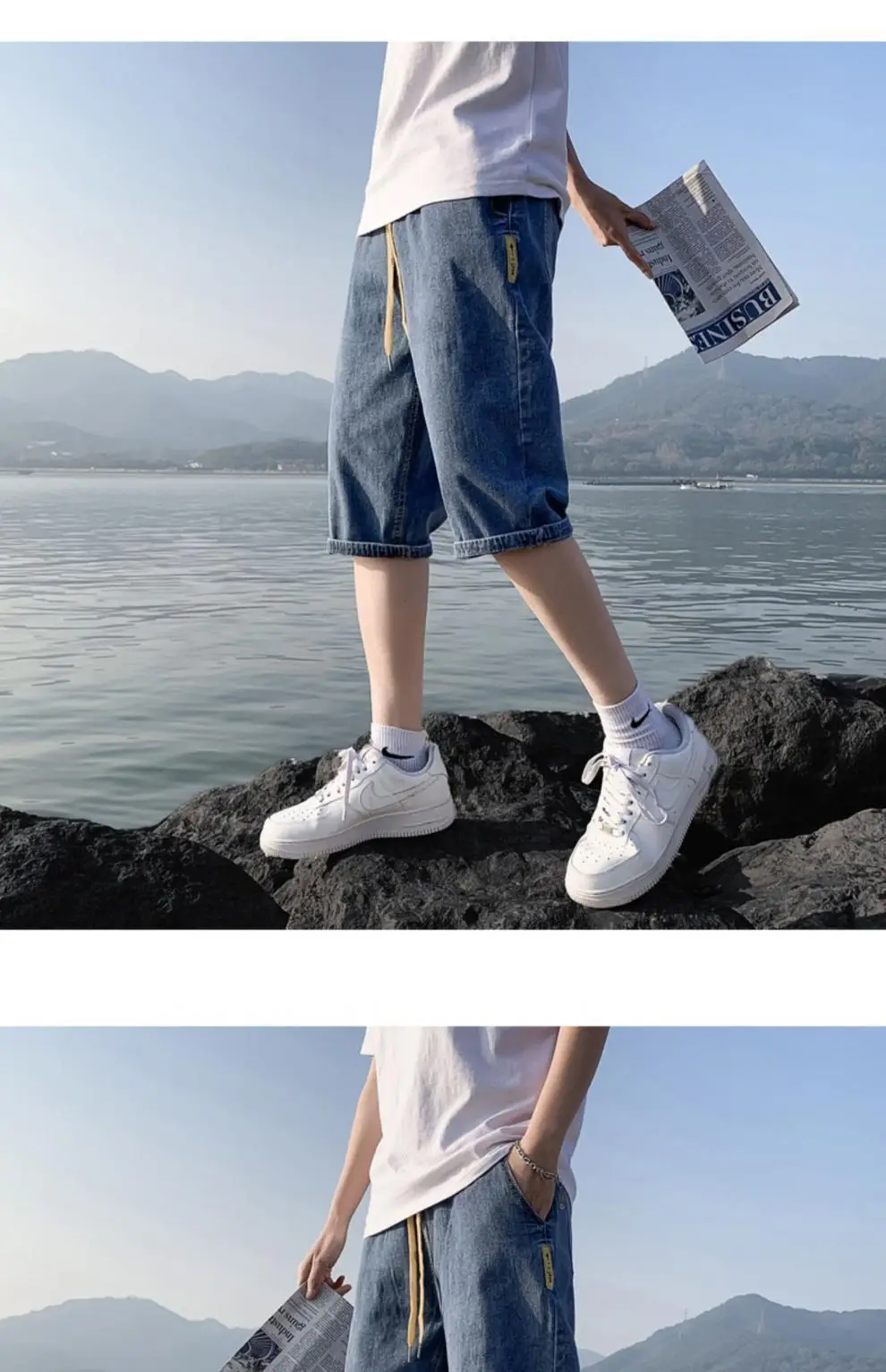 Men Denim Capri Shorts Korean Style Loose Straight Drawstring — feature 9