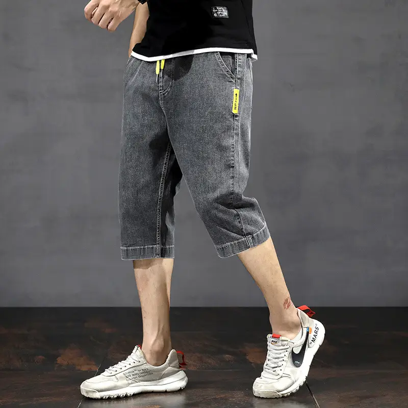 Men Denim Capri Shorts Korean Style Loose Straight Drawstring - Image 2