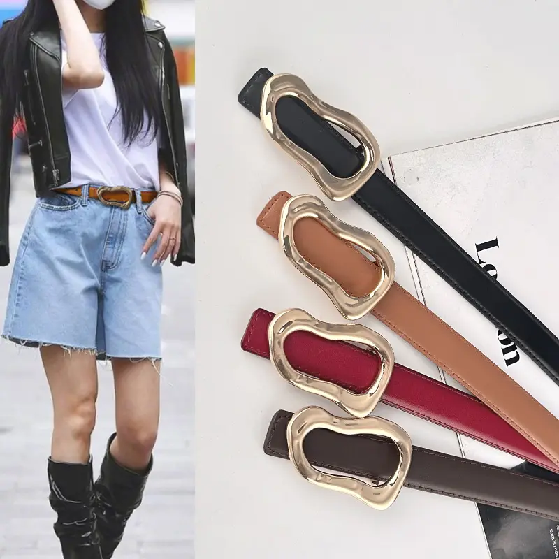 Women's Brown Leather Belt with Gold Buckle - Image 26