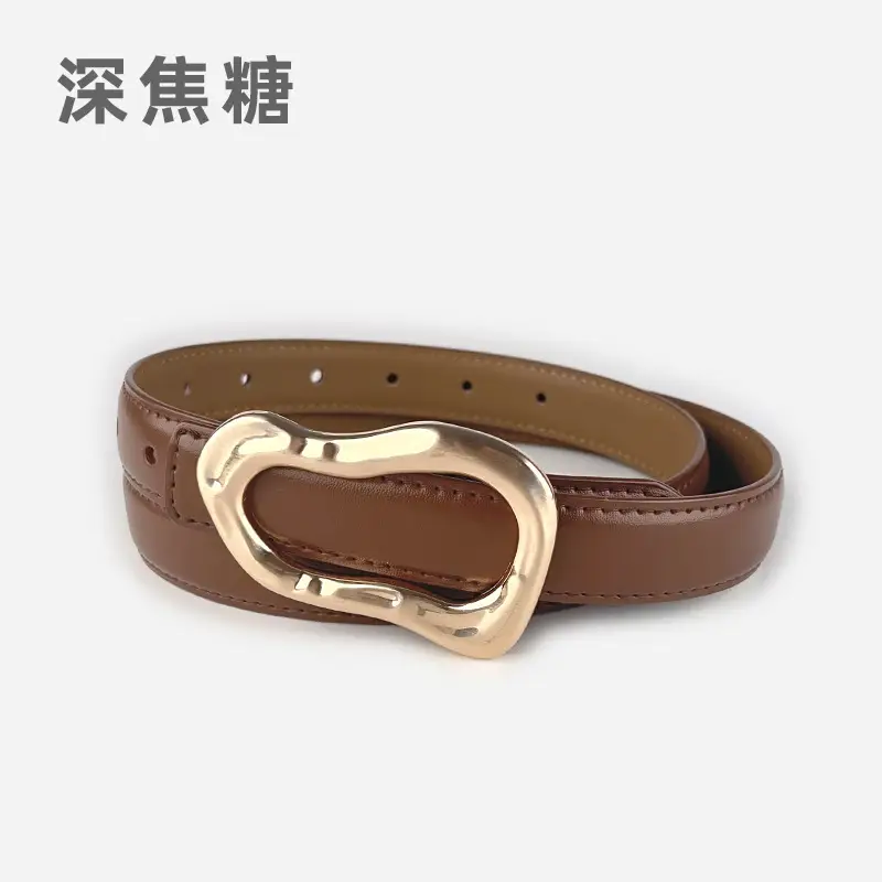 Women's Brown Leather Belt with Gold Buckle - Image 23