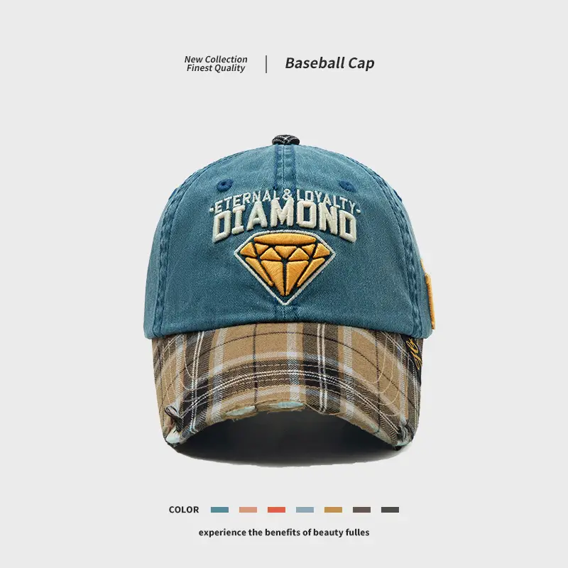 Women's Red Diamond Embroidered Hat Plaid Cap - Image 8