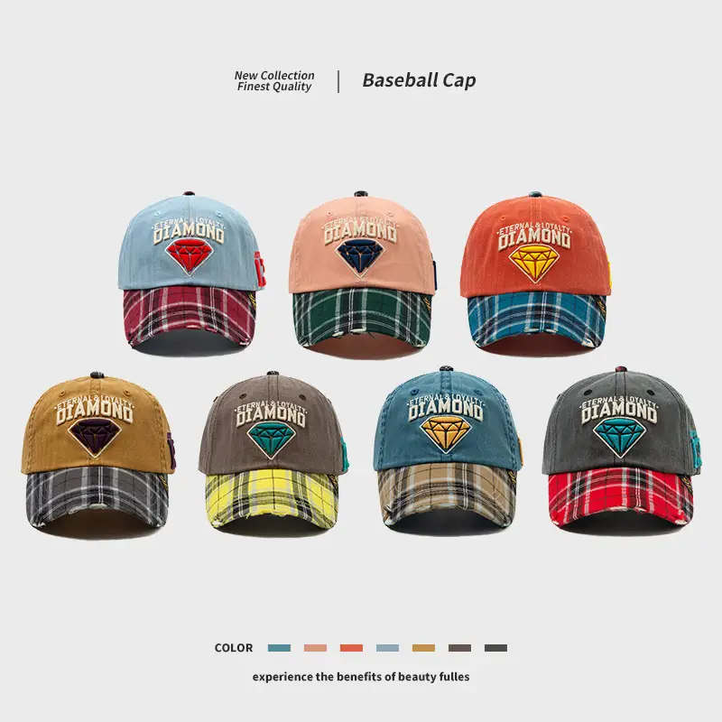 Women's Red Diamond Embroidered Hat Plaid Cap - Image 9