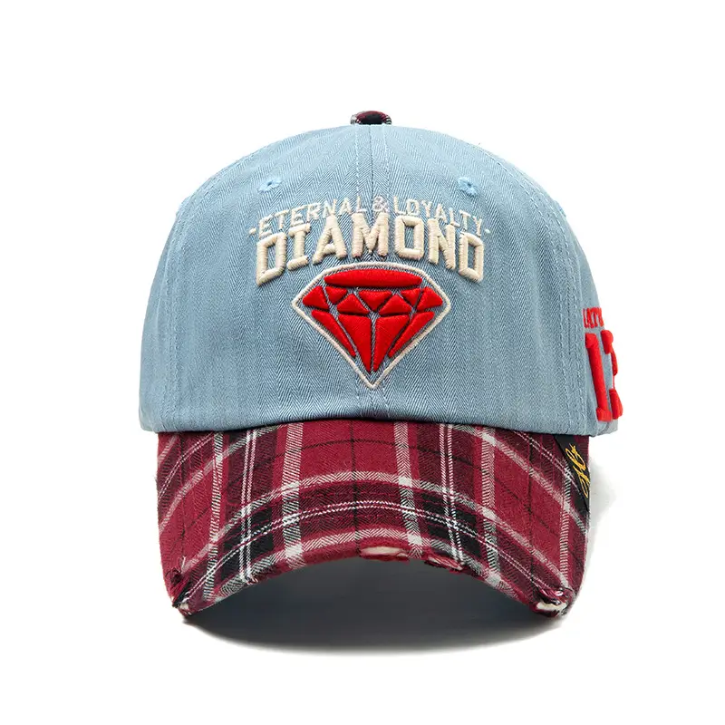 Women's Red Diamond Embroidered Hat Plaid Cap - Image 6
