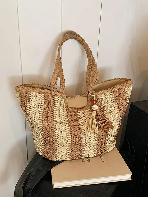 Women Straw Tote Bag Black Gold Striped Large Capacity - Image 4