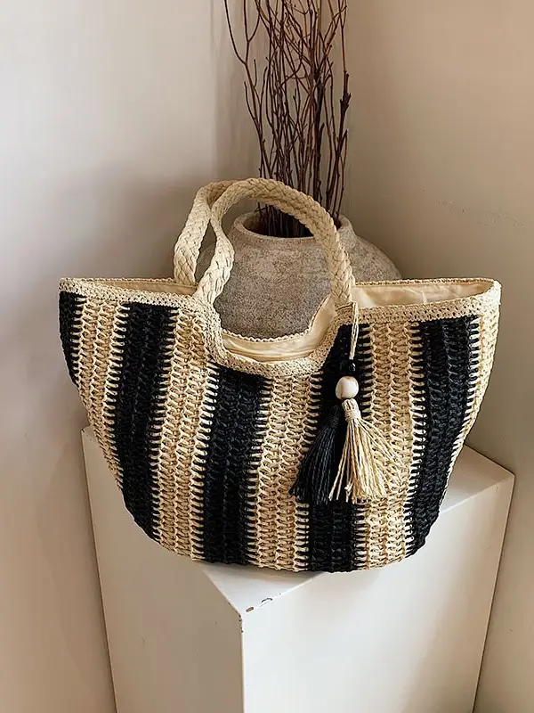 Women Straw Tote Bag Black Gold Striped Large Capacity - Image 5
