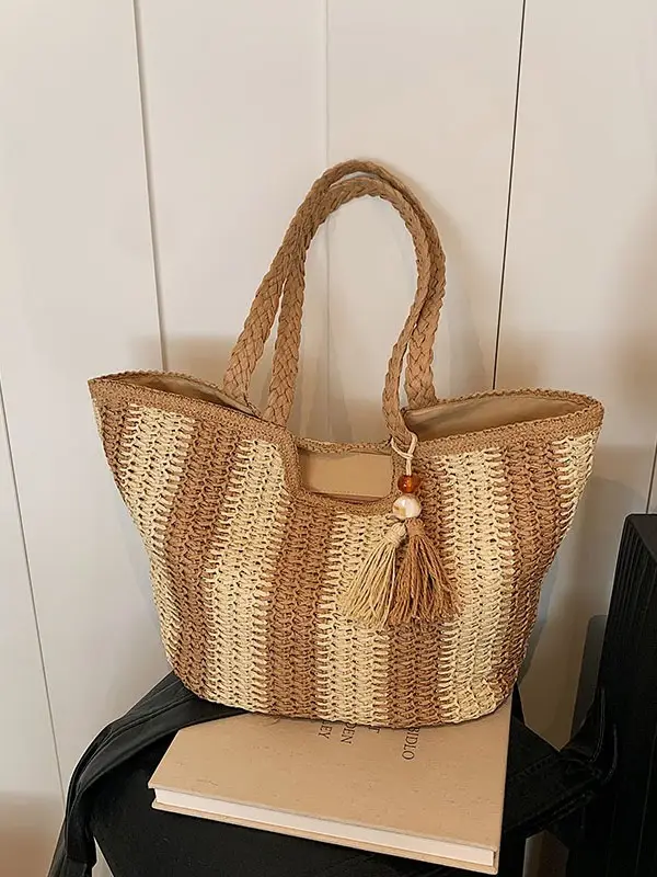 Women Straw Tote Bag Black Gold Striped Large Capacity - Image 6