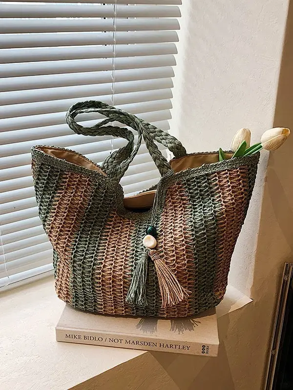 Women Straw Tote Bag Black Gold Striped Large Capacity - Image 7