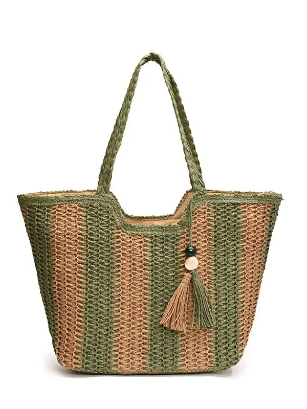 Women Straw Tote Bag Black Gold Striped Large Capacity - Image 8