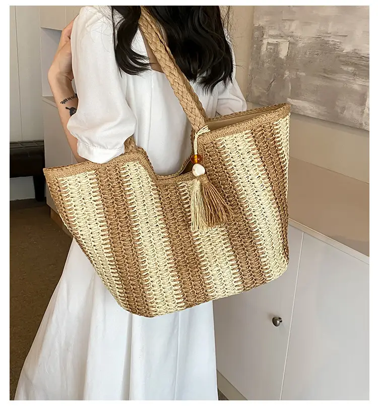 Women Straw Tote Bag Black Gold Striped Large Capacity — feature 1