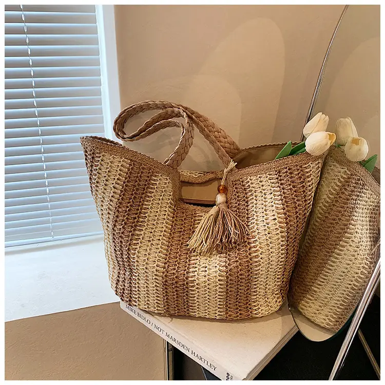Women Straw Tote Bag Black Gold Striped Large Capacity — feature 10