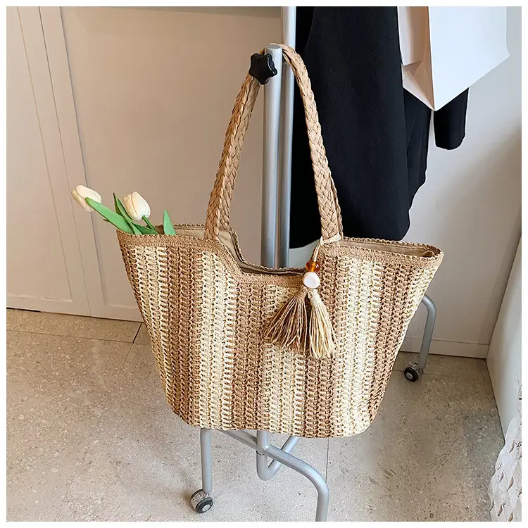 Women Straw Tote Bag Black Gold Striped Large Capacity — feature 11