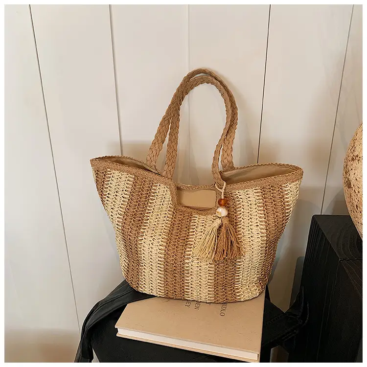 Women Straw Tote Bag Black Gold Striped Large Capacity — feature 12