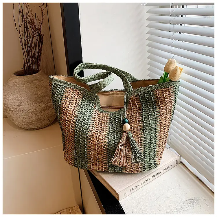 Women Straw Tote Bag Black Gold Striped Large Capacity — feature 13