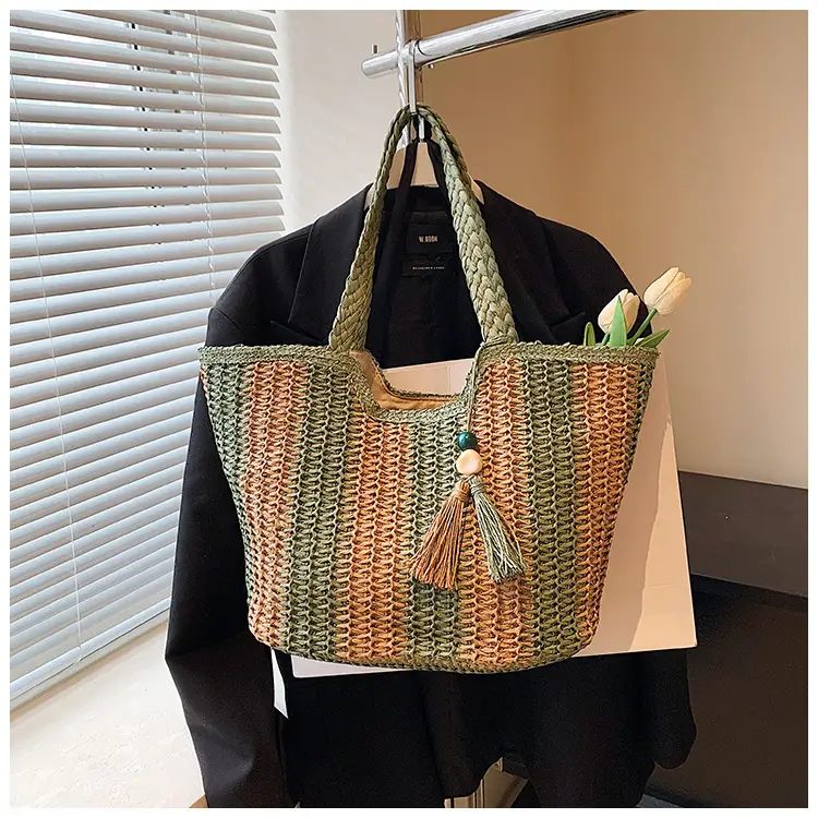 Women Straw Tote Bag Black Gold Striped Large Capacity — feature 14
