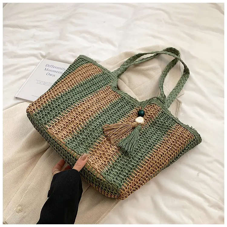Women Straw Tote Bag Black Gold Striped Large Capacity — feature 15