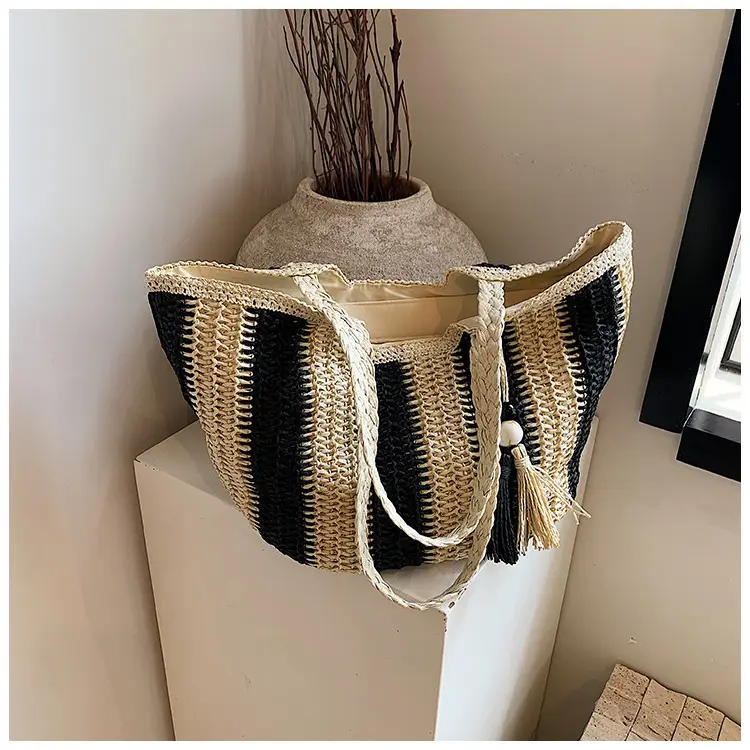Women Straw Tote Bag Black Gold Striped Large Capacity — feature 16