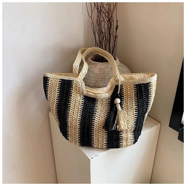 Women Straw Tote Bag Black Gold Striped Large Capacity — feature 17